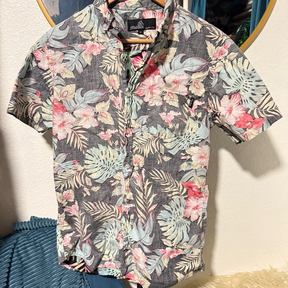 Gray and Pink Floral Casual Button Down Shirt